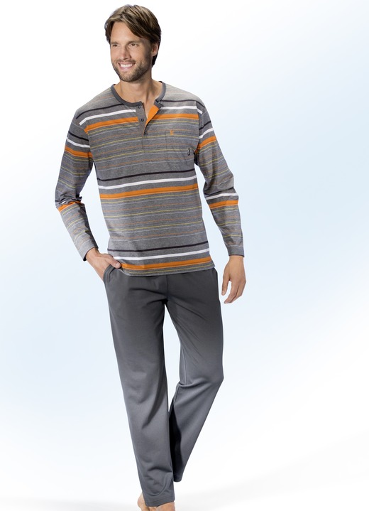 Herren - Hajo Klima Komfort Schlafanzug mit Knopfleiste, in Größe 046 bis 062, in Farbe GRAFIT-BUNT