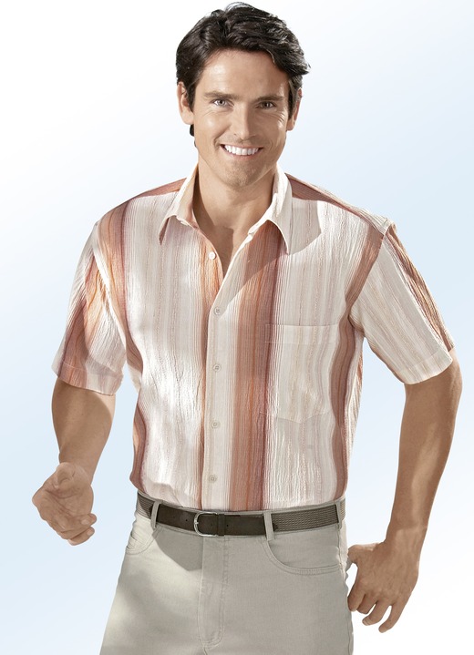 Freizeithemden - Seersucker Hemd mit schönem Streifen-Dessin, in Größe 3XL (47/48) bis XXL (45/46), in Farbe ECRU-LACHS-APRICOT-TERRAKOTTA GESTREIFT
