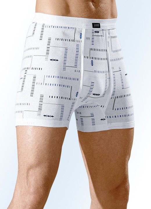 Herren - Dreierpack Unterhosen aus Feinripp mit Eingriff, bunt dessiniert, in Größe 005 bis 013, in Farbe 2X WEISS-BUNT, 1X HELLBLAU-BUNT