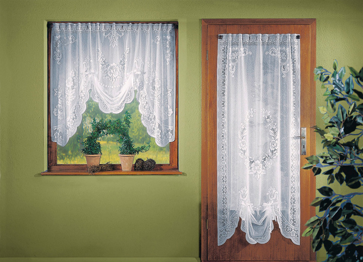 Klassisch - Fensterdekoration mit Stangendurchzug, in Größe 022 (Store, M-Form H100xB120 cm) bis 172 (Tür-Store, H180xB 90 cm), in Farbe WEISS Ansicht 1