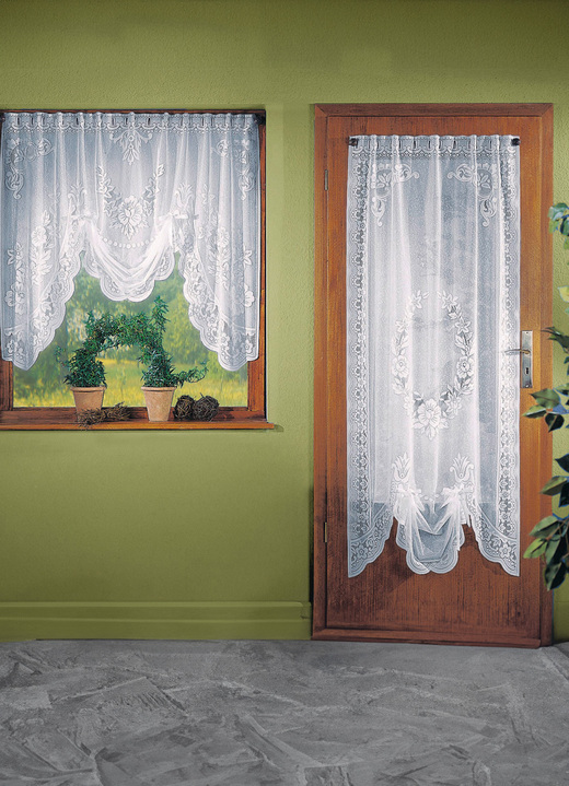 Klassisch - Fensterdekoration mit Stangendurchzug Ansicht 2 Klassisch - Fensterdekoration mit Stangendurchzug, in Größe 022 (Store, M-Form H100xB120 cm) bis 172 (Tür-Store, H180xB 90 cm), in Farbe WEISS Ansicht 2