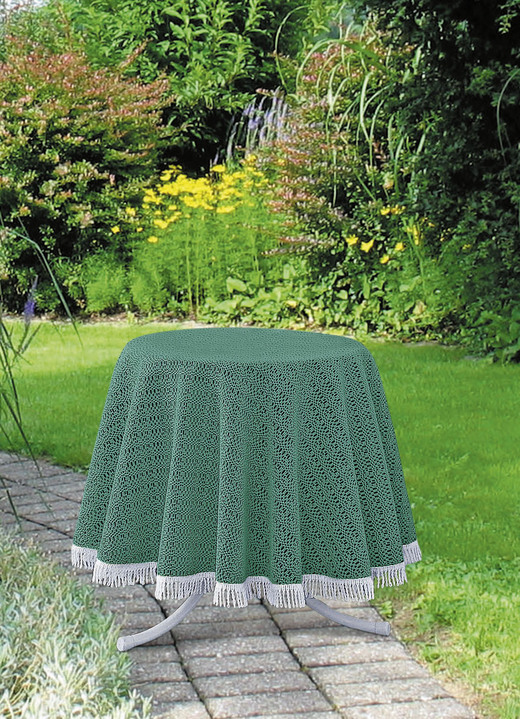 Gartentischdecken - Wind- und wetterfeste Gartentischdecke mit Fransenabschluss, in Größe 110 (Tischdecke, 110x140 cm) bis 190 (Tischdecke oval, 140x190 cm), in Farbe TANNE Ansicht 1