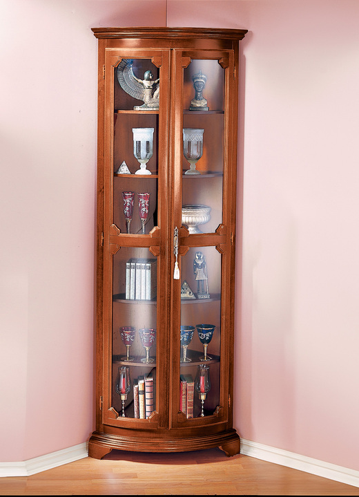Möbel - Teilmassive Eckvitrine mit gebogenen Glastüren mit Schloss, in Farbe NUSSBAUM, in Ausführung klein, 1-türig Ansicht 1