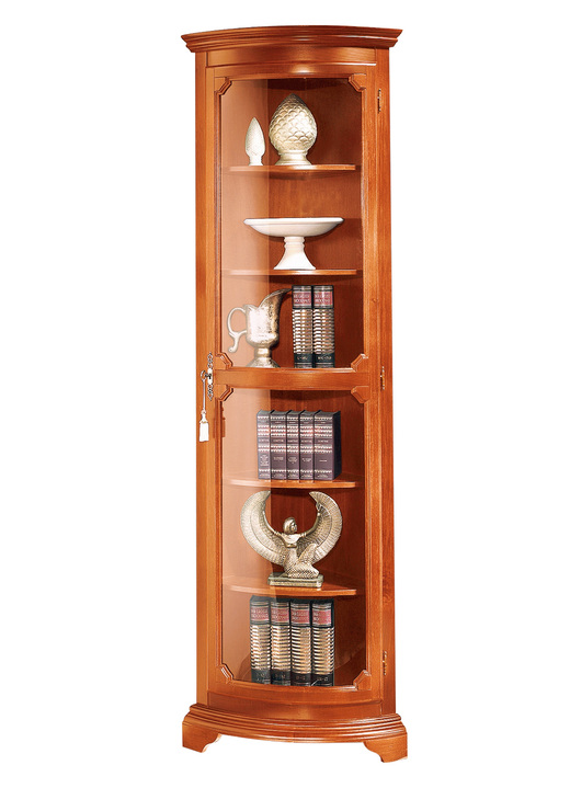 Möbel - Teilmassive Eckvitrine mit gebogenen Glastüren mit Schloss, in Farbe KIRSCHBAUM, in Ausführung klein, 1-türig Ansicht 1