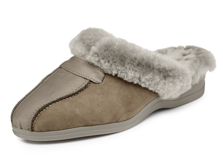 Hausschuhe - ELENA EDEN Pantoffel mit echtem Lammfellfutter, in Größe 036 bis 043, in Farbe MARINE-HELLGRAU Ansicht 4
