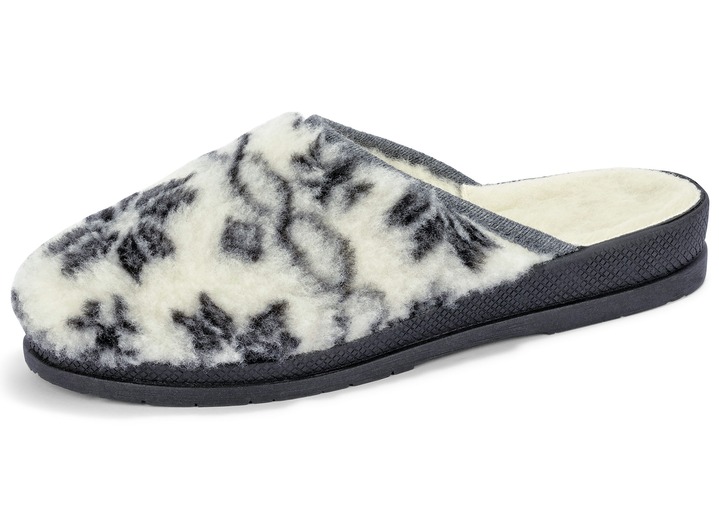 Hausschuhe - Pantoffel aus bedrucktem Plüschmaterial, in Größe 036 bis 043, in Farbe ECRU-BLAU Ansicht 7
