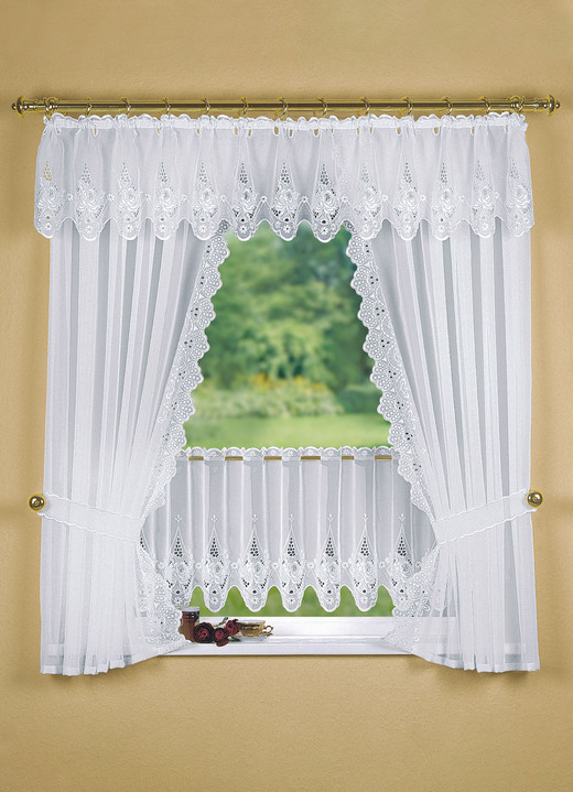 Kurzgardinen - Fensterdekoration mit aufwendiger Plauener Stickerei Ansicht 5 Kurzgardinen - Fensterdekoration mit aufwendiger Plauener Stickerei, in Größe 320 (Seitenschal-Garnitur, H100xB70 cm) bis 783 (Kurzstore, H44xB300 cm), in Farbe WEISS Ansicht 5