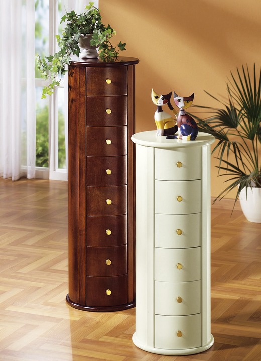 Kleinmöbel - Teilmassive Kommode in säulenartiger Form, in Farbe NUSSBAUM, in Ausführung 6 Schubladen