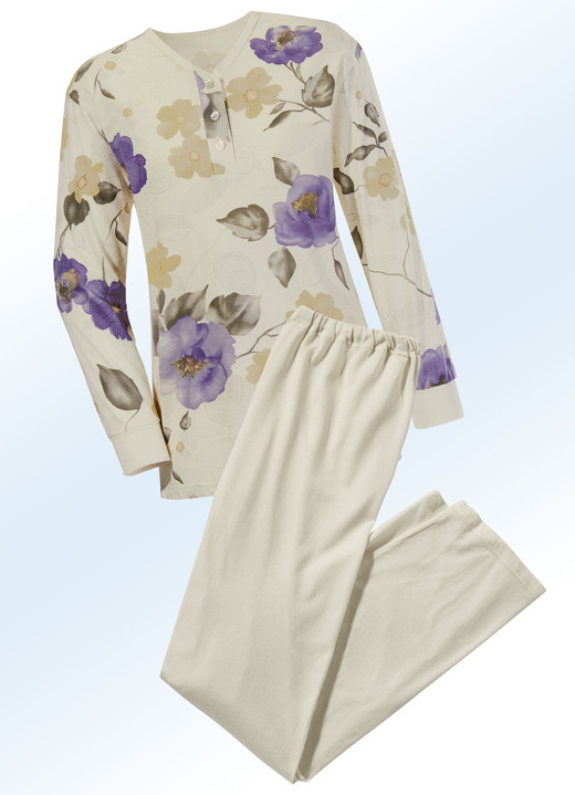 Schlafanzüge & Shortys - Götting Schlafanzug, Langarm, mit Knopfleiste und Bündchen, in Größe 036 bis 052, in Farbe ECRU-VIOLA-BUNT Ansicht 2