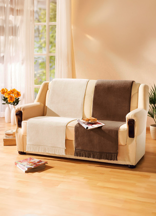 Sessel- & Sofaüberwürfe - Wohndecke und Sesselschoner mit Fransenabschluss, in Größe 102 (Sesselschoner, 50x200 cm) bis 325 (Sparset, 3-teilig), in Farbe CAMEL – Farbe SAND – Ansicht 