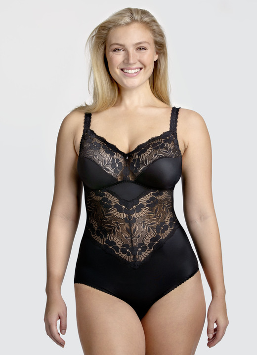 Korseletts - Miss Mary Hosenkorselett mit Elastikspitzeneinsätzen, in Größe 075 bis 105, in Cup B, in Farbe SCHWARZ Ansicht 1
