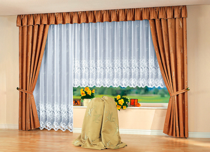 Klassisch - Übergardinen-Garnitur mit Universalschienenband, in Größe 363 (H150xB130 cm) bis 899 (2er-Pack Raffhalter, 80 cm), in Farbe BRAUN Ansicht 3