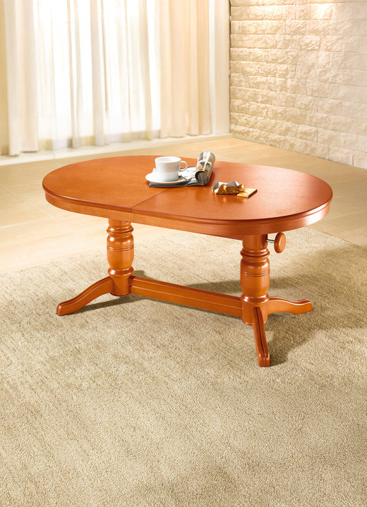 Couchtische - Teilmassiver Couchtisch mit gedrechseltem Tischgestell, in Farbe KIRSCHBAUM, in Ausführung rund, höhenverstellbar und ausziehbar