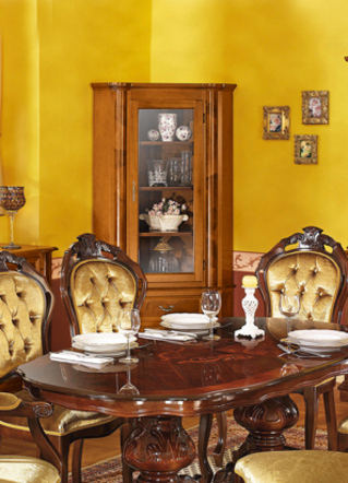 Möbel - Esszimmer-Möbel mit Wurzelholzfurnier, in Farbe NUSSBAUM, in Ausführung Eck-Vitrine – Farbe KIRSCHBAUM – Ansicht 