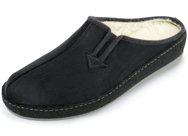 Hausschuhe - Atmungsaktive Herren-Hausschuhe, mit Schurwolle, in Größe 040 bis 046, in Farbe SCHWARZ Ansicht 1