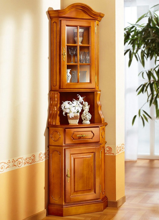 Möbel - Eckvitrine mit eleganten, goldfarbenen Metallgriffen, in Farbe KIRSCHBAUM Ansicht 1