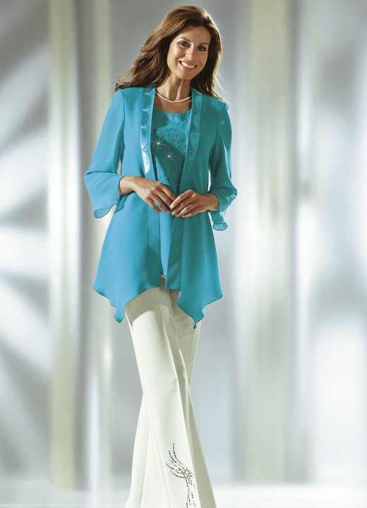 Hosen mit Knopf- und Reißverschluss - Hose mit schmückendem Strasszier-Motiv, in Größe 018 bis 092, in Farbe ECRU Ansicht 2