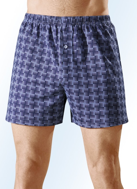 - Viererpack Boxershorts mit knöpfbarem Eingriff, bunt dessiniert, in Größe 005 bis 016, in Farbe 2X MARINE-HELLBLAU, 2X SCHWARZ-STEINGRAU Ansicht 1