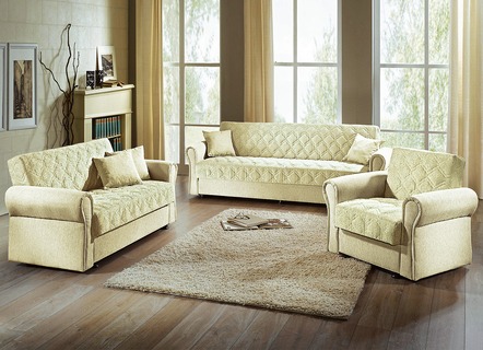 Polstergruppen - 3-teilige Polstergruppe mit Bettkasten, in Farbe BORDEAUX, in Ausführung Dreisitzer und 2 Sessel