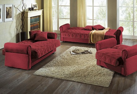 Polstergruppen - 3-teilige Polstergruppe mit Bettkasten, in Farbe BORDEAUX, in Ausführung Dreisitzer und 2 Sessel