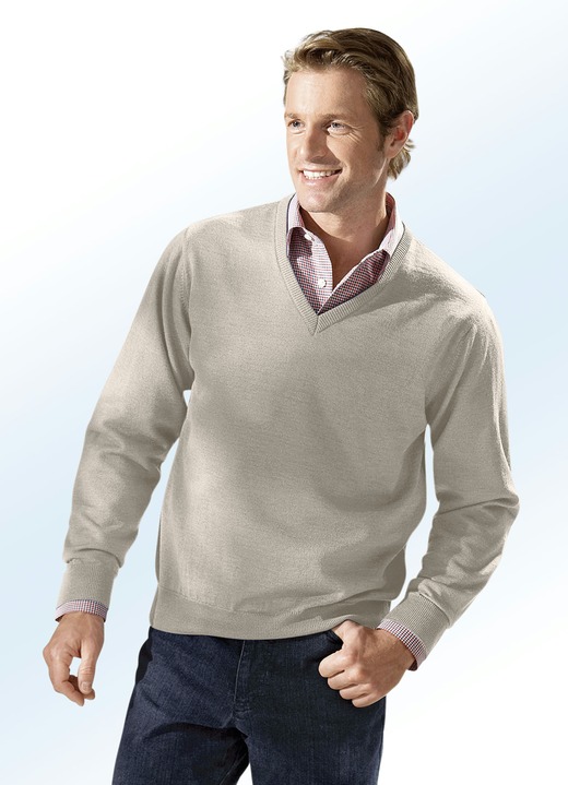 Uni - Pullover in 4 Farben mit V-Ausschnitt, in Größe 046 bis 062, in Farbe BEIGE MELIERT Ansicht 1