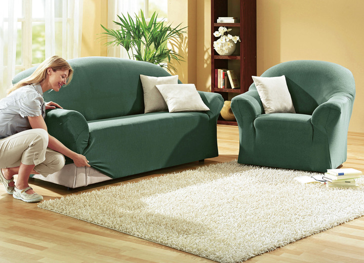 Sessel- & Sofaüberwürfe - Schützende Stretchbezüge für Sessel und Sofa, in Größe 101 (Sessel-Bezug) bis 108 (Hocker-Bezug), in Farbe GRÜN Ansicht 6