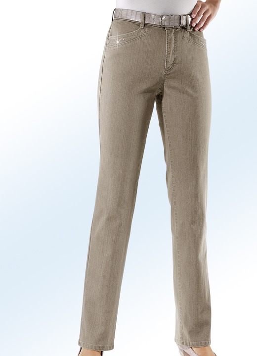 Hosen mit Knopf- und Reißverschluss - Komfortjeans verziert mit Strasssteinen in 6 Farben, in Größe 018 bis 054, in Farbe CAMEL Ansicht 1
