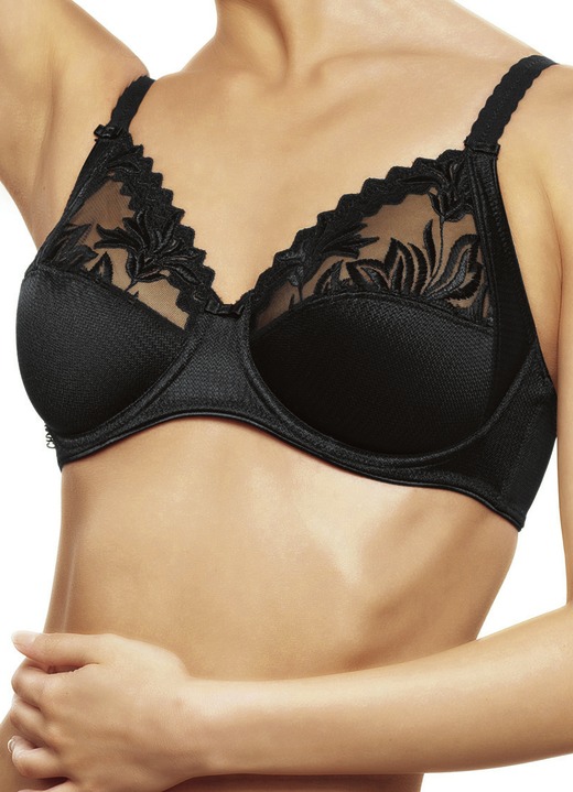 Damenwäsche - Chantelle Bügel-BH mit Stickereispitze in den Obercups, in Größe 070 bis 100, in Cup E, in Farbe SCHWARZ