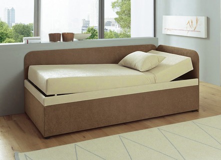 Schlafsofas - Studioliege mit beidseitig montierbarer Kopf- und Seitenblende – Farbe CAPPUCCINO-CREME Schlafsofas - Studioliege mit beidseitig montierbarer Kopf- und Seitenblende, in Farbe DUNKELGRAU-HELLGRAU, in Ausführung ohne Kissen