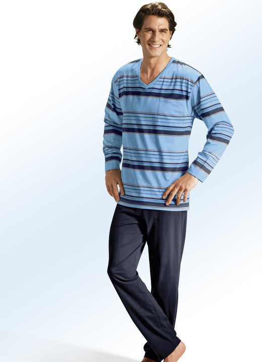 Schlafanzüge - Zweierpack Schlafanzüge mit V-Ausschnitt, Ringeldessin und Brusttasche, in Größe 046 bis 062, in Farbe 1X KIESEL,  1X AQUA Ansicht 2
