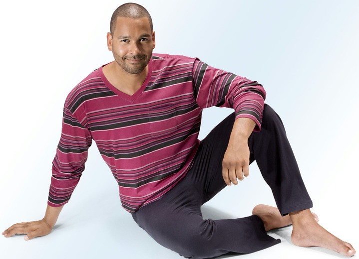 Schlafanzüge - Zweierpack Schlafanzüge mit V-Ausschnitt, Ringeldessin und Brusttasche, in Größe 046 bis 062, in Farbe 1X KIESEL,  1X AQUA Ansicht 3