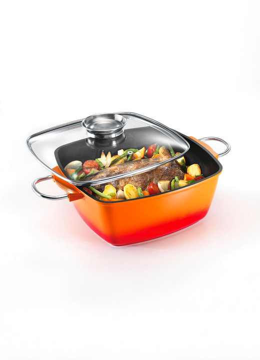 Bräter & Auflaufformen - Extra hoher Aluguss-Bräter von King mit Antihaft-Beschichtung, in Farbe ORANGE, in Ausführung Eckpfanne 20x20 cm: Inhalt 3 Liter Ansicht 1