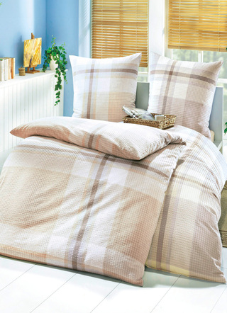 Bettwäschegarnituren - Bügelfreie Bettwäsche-Garnitur aus dem Hause Biberna, in Größe 112 (80/80 cm + 135/200 cm) bis 115 (80/80 cm + 155/220 cm), in Farbe BLAU – Farbe BEIGE – Ansicht 