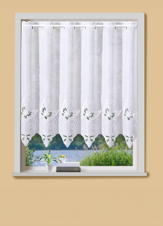 Kurzgardinen - Hochwertiger Kurzstore mit Plauener Stickerei, in Größe 790 (45x148 cm) bis 894 (100x150 cm), in Farbe WEISS Ansicht 1