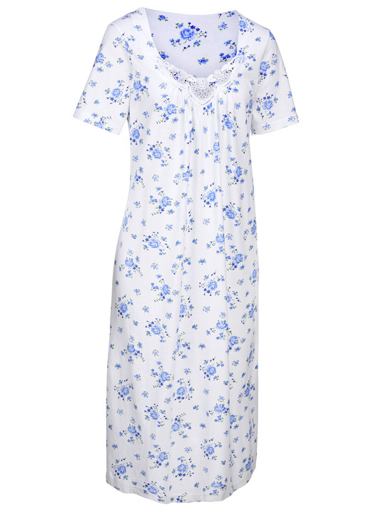 Kurzarm - Zweierpack Nachthemden mit Rundhals und Alloverdessin Ansicht 2 Kurzarm - Zweierpack Nachthemden mit Rundhals und Alloverdessin, in Größe 038 bis 060, in Farbe 1X WEISS-ROYALBLAU, 1X WEISS-APFELGRÜN Ansicht 2