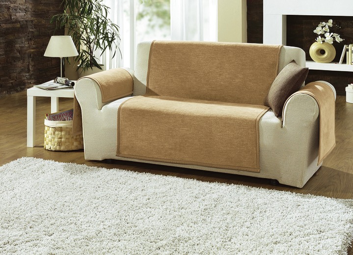 Sessel- & Sofaüberwürfe - Sessel-,Couch- und Armlehnenschoner mit Veloursbandeinfassung Ansicht 6 Sessel- & Sofaüberwürfe - Sessel-,Couch- und Armlehnenschoner mit Veloursbandeinfassung, in Größe 102 (Sesselschoner, 50x200 cm) bis 900 (2x 50x200 cm + 2x 50x75 cm), in Farbe SAND Ansicht 6