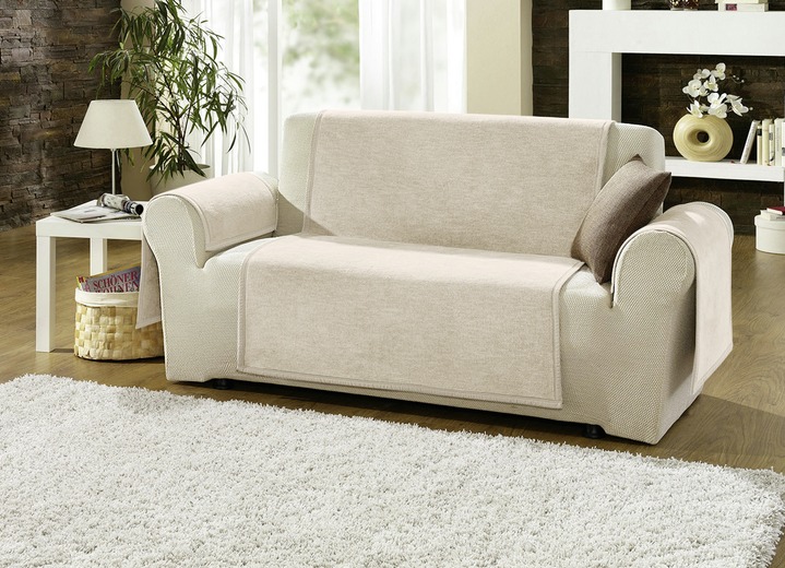 Sessel- & Sofaüberwürfe - Sessel-,Couch- und Armlehnenschoner mit Veloursbandeinfassung Ansicht 3 Sessel- & Sofaüberwürfe - Sessel-,Couch- und Armlehnenschoner mit Veloursbandeinfassung, in Größe 102 (Sesselschoner, 50x200 cm) bis 900 (2x 50x200 cm + 2x 50x75 cm), in Farbe SAND Ansicht 3