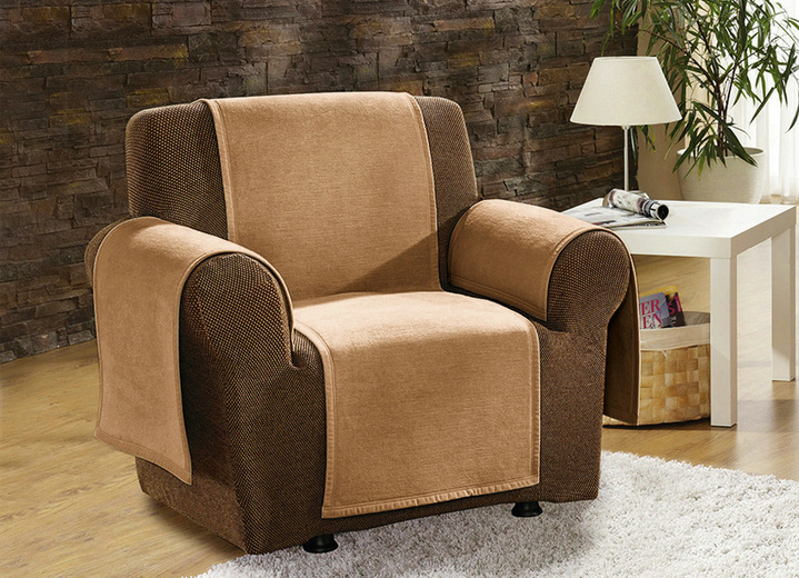 Sessel- & Sofaüberwürfe - Sessel-,Couch- und Armlehnenschoner mit Veloursbandeinfassung Ansicht 5 Sessel- & Sofaüberwürfe - Sessel-,Couch- und Armlehnenschoner mit Veloursbandeinfassung, in Größe 102 (Sesselschoner, 50x200 cm) bis 900 (2x 50x200 cm + 2x 50x75 cm), in Farbe SAND Ansicht 5
