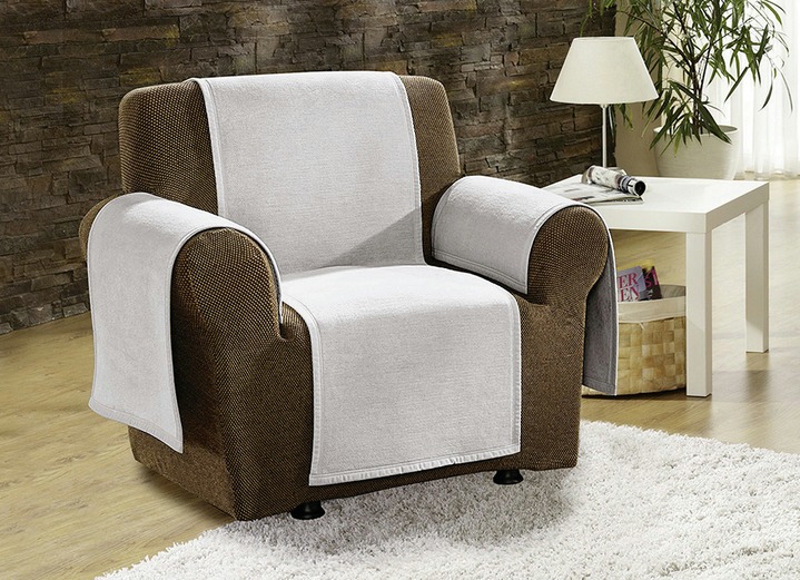 Sessel- & Sofaüberwürfe - Sessel-,Couch- und Armlehnenschoner mit Veloursbandeinfassung Ansicht 2 Sessel- & Sofaüberwürfe - Sessel-,Couch- und Armlehnenschoner mit Veloursbandeinfassung, in Größe 102 (Sesselschoner, 50x200 cm) bis 900 (2x 50x200 cm + 2x 50x75 cm), in Farbe SAND Ansicht 2