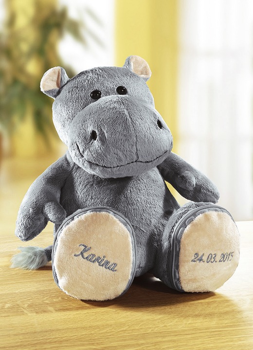 Geschenkideen - Individuell bestickbares Plüschtier Nilpferd, in Farbe GRAU