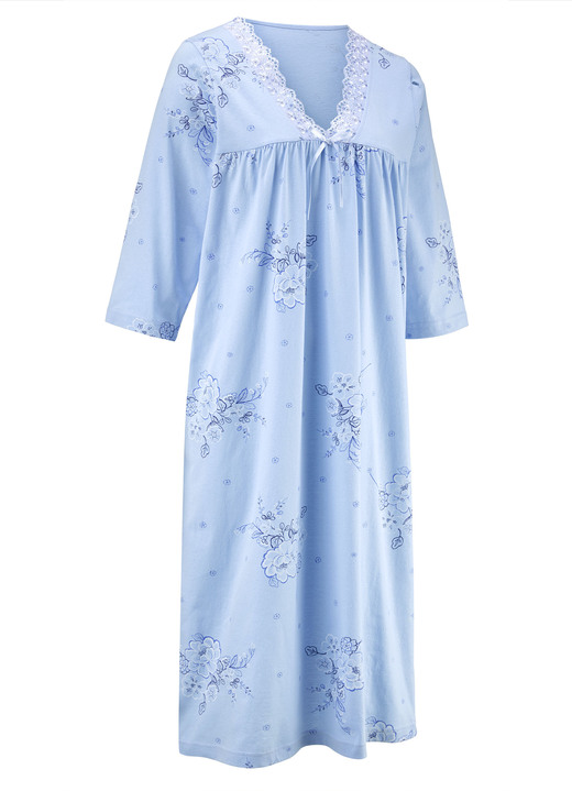 Nachthemden Langarm - Nachthemd, 3/4-lange Ärmel und V-Ausschnitt, in Größe 038 bis 060, in Farbe HELLBLAU-BUNT Ansicht 2