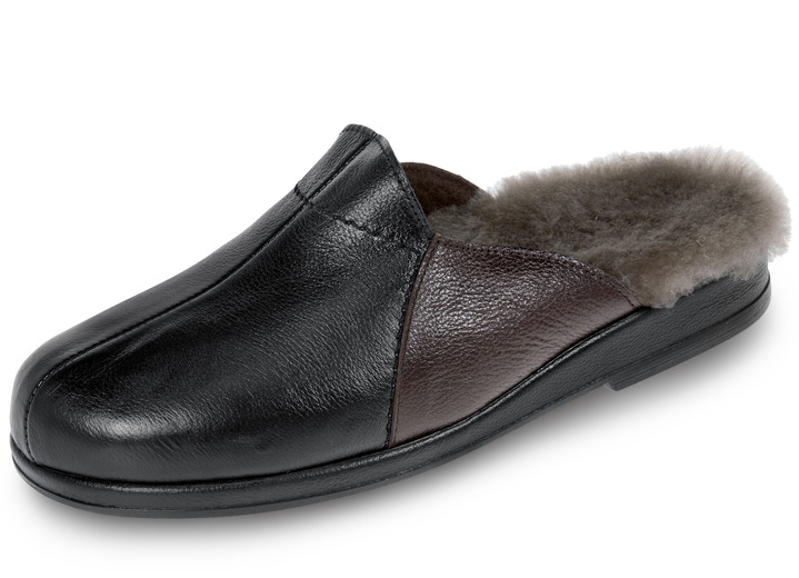 Hausschuhe - Gefütterte Herren-Hausschuhe, mit Lammfell, in Größe 040 bis 049, in Farbe BORDEAUX-SCHWARZ Ansicht 4