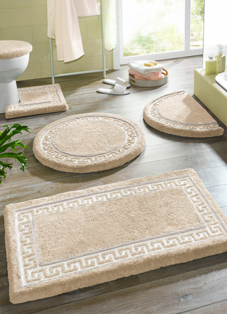 Badgarnituren - Badgarnitur mit Mäander-Bordüre, in Größe 100 (Vorleger halbrund, 50/ 80 cm) bis 112 (Deckelbezug mit Kordel, 47/ 50 cm), in Farbe BEERE – Farbe CREME – Ansicht 