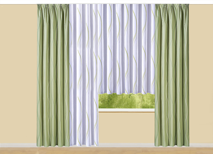 Wohnen - Übergardine mit Wellen-Dessin und Universalschienenband, in Größe 364 (Dekoschal, 150x132 cm) bis 456 (Dekoschal, 245x132 cm), in Farbe GRÜN Ansicht 2