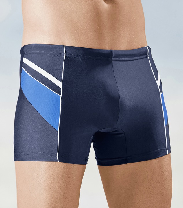 Badehosen - Badepants im preiswerten Zweierpack mit Einsätzen und Paspelierungen, in Größe 004 bis 010, in Farbe 1X SCHWARZ-ROT, 1X MARINE-BLAU Ansicht 2