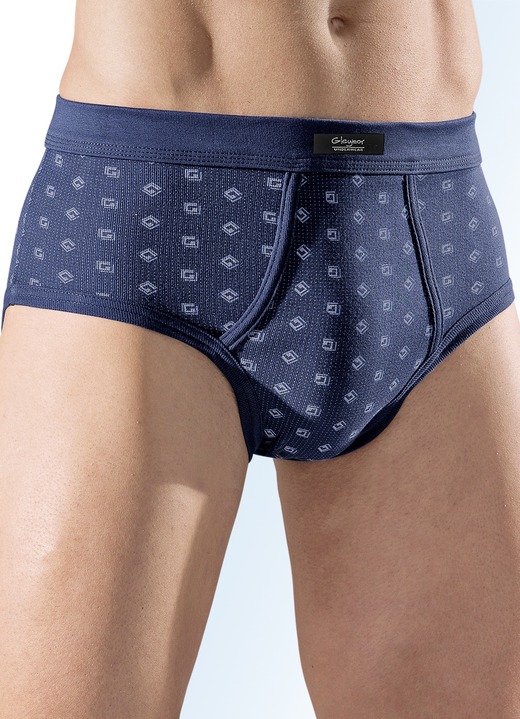 Herren - Sechserpack Slips aus FeinrIpp, bunt dessiniert, in Größe 005 bis 011, in Farbe 3X NAVY-BUNT, 3X HELLBLAU-BUNT