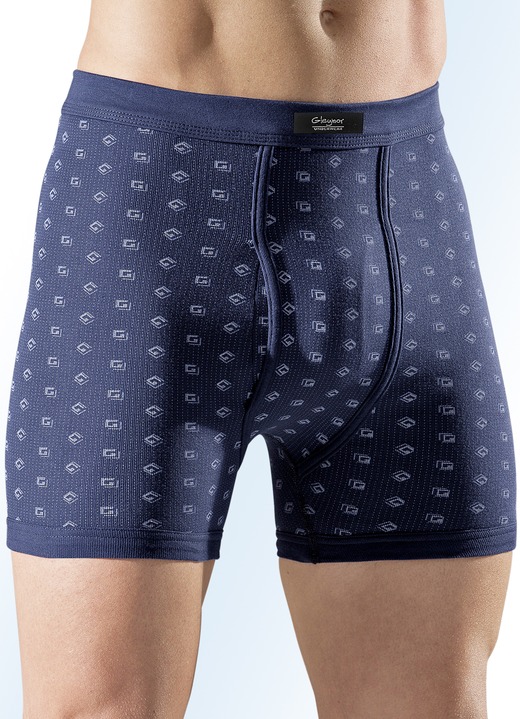 Herren - Fünferpack Unterhosen aus Feinripp, bunt dessiniert, in Größe 005 bis 011, in Farbe 3X NAVY-BUNT, 2X HELLBLAU-BUNT