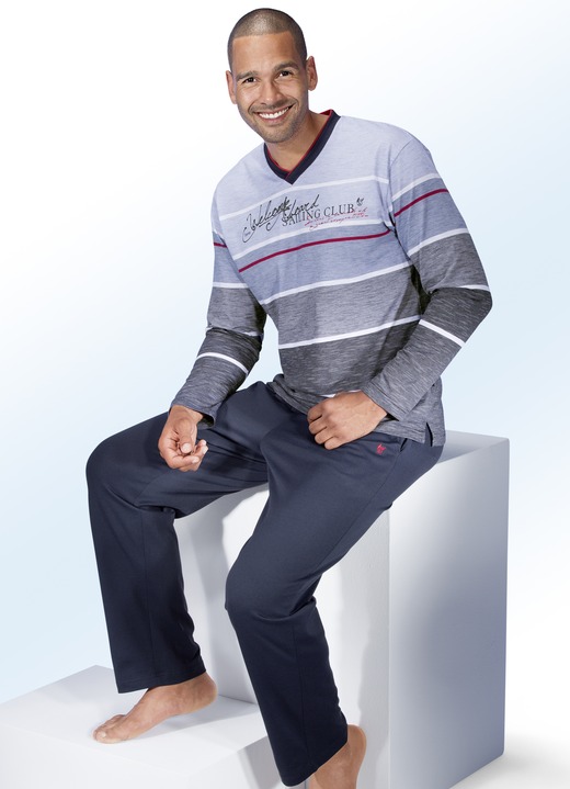 - Hajo Klima Komfort Schlafanzug mit V-Ausschnitt, in Größe 046 bis 060, in Farbe MARINE-HELLBLAU