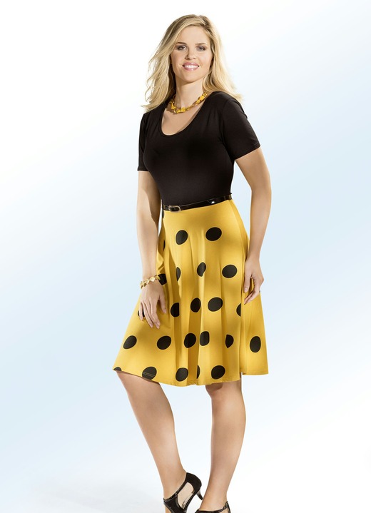 Kurzarm - Kleid in angesagtem Tupfen-Dessin mit Gürtel, in Größe 036 bis 050, in Farbe GELB-SCHWARZ Ansicht 2