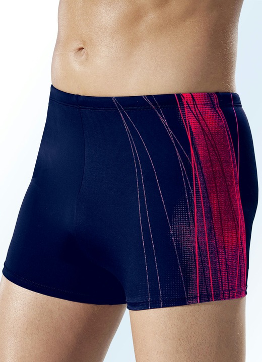 Badehosen - Naturana Badehose in höherer Kastenform mit seitlichem Druckdessin, in Größe 004 bis 013, in Farbe SCHWARZ-GELB Ansicht 2